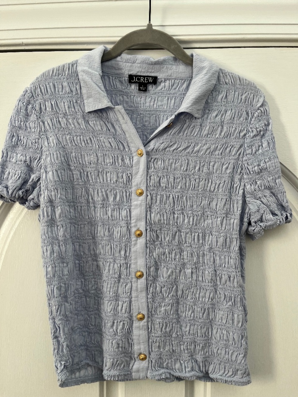 J Crew Short Sleeve Powder Blue Top w/Brass Buttons (L)
